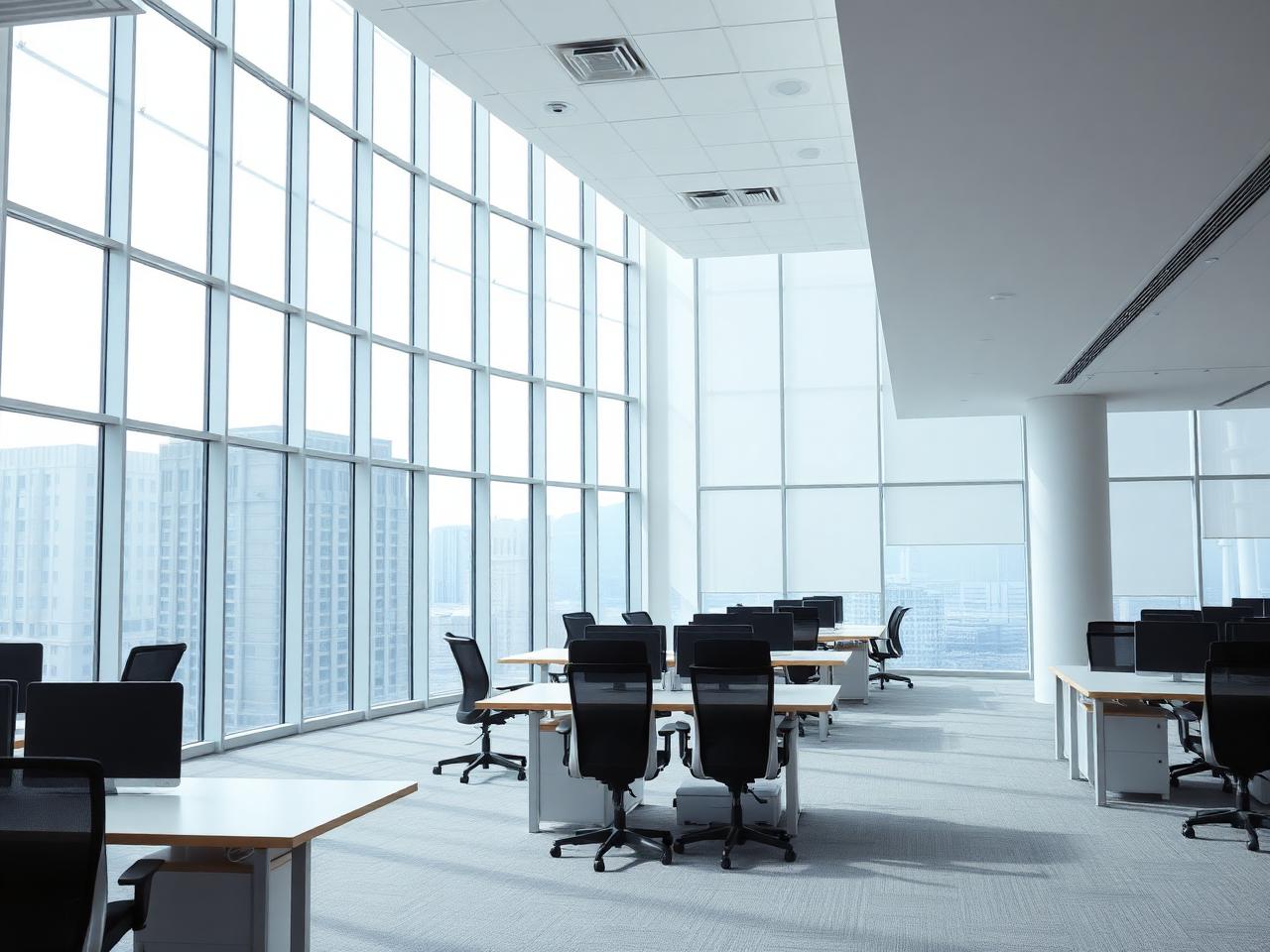 Open-plan office with floor-to-ceiling tinted glass and even, glare-free daylight