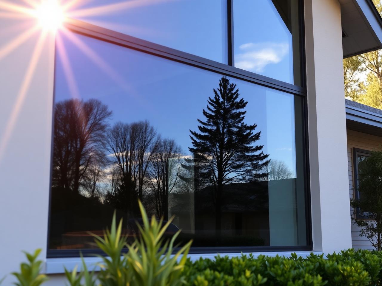Exterior view of a modern home window with XPEL VISION residential tint reflecting trees and afternoon sky
