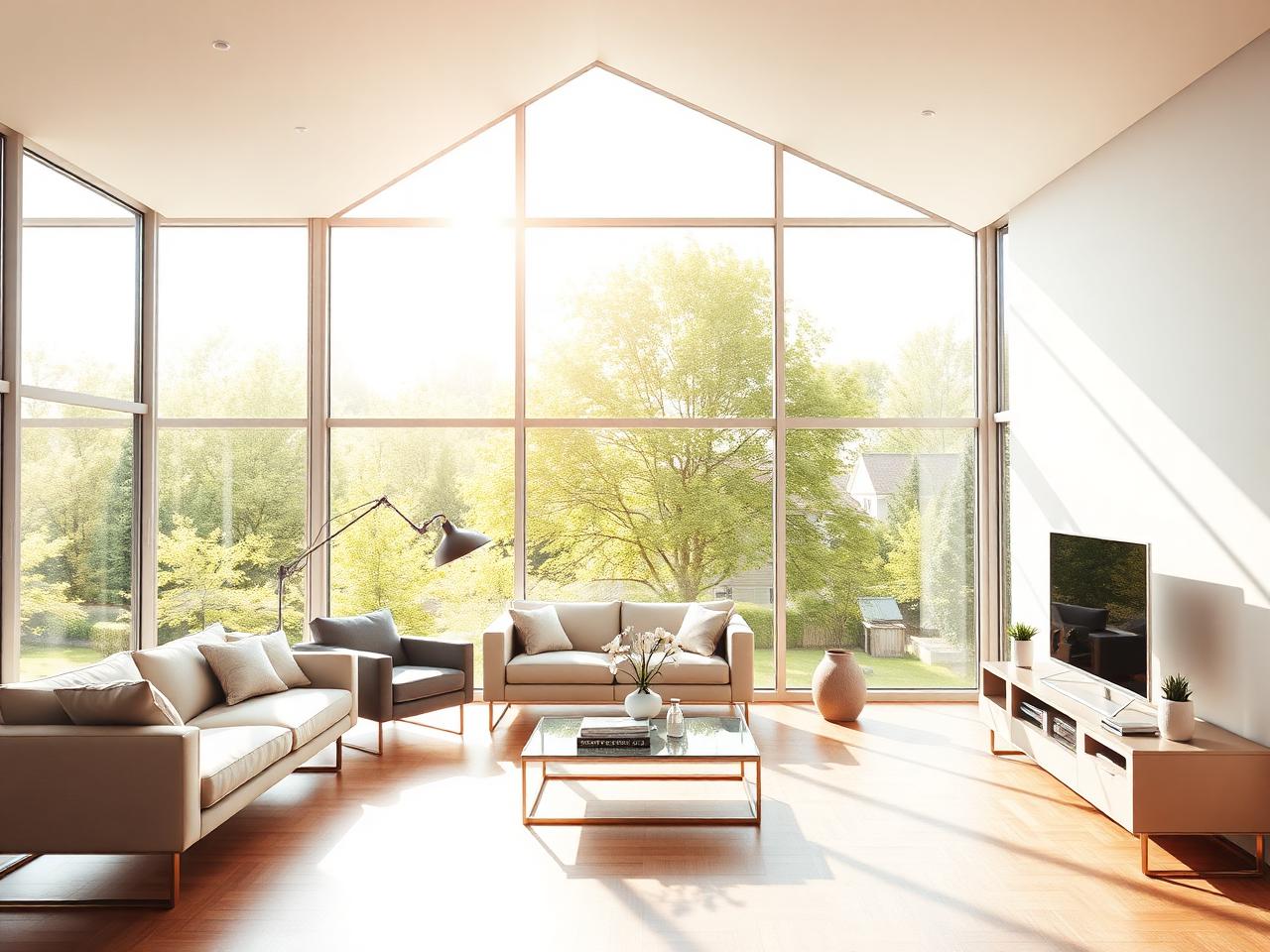 Bright modern living room with floor-to-ceiling windows protected by XPEL VISION residential film